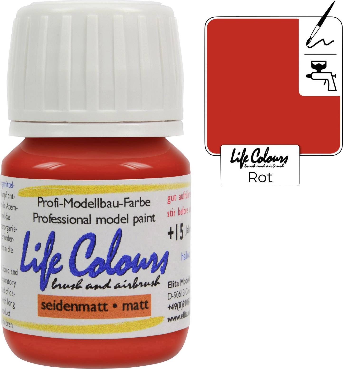 'Life Colours' Model Paint in Silk Matt Red. Label states: suitable for brush and airbrush, includes 15 ml content.