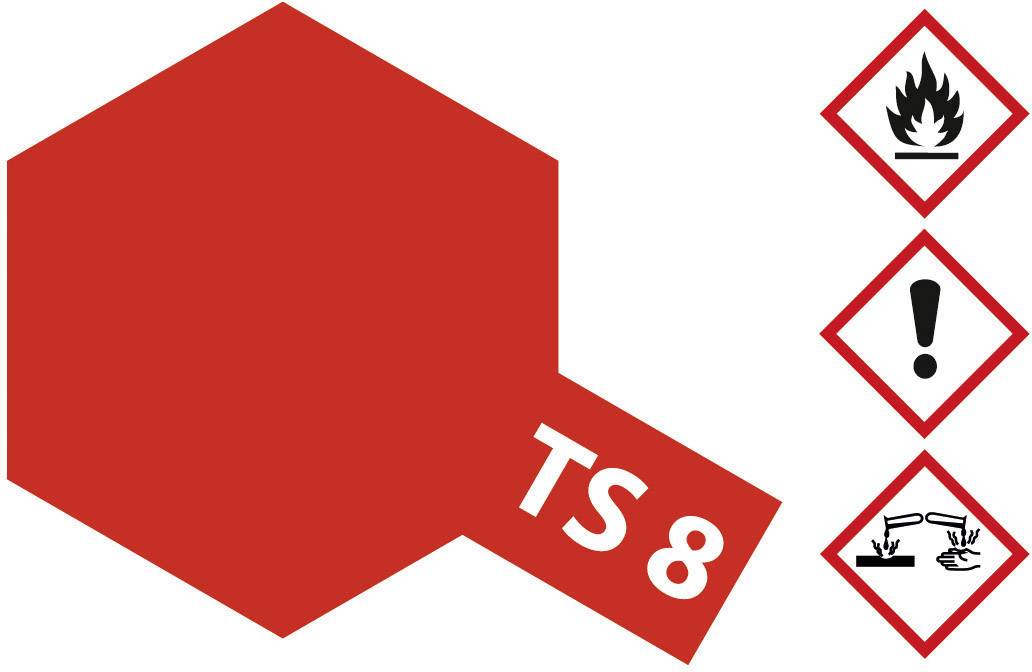 'TS 8' symbol next to three hazard symbols: flame, exclamation mark, and corrosive liquid on a red background.
