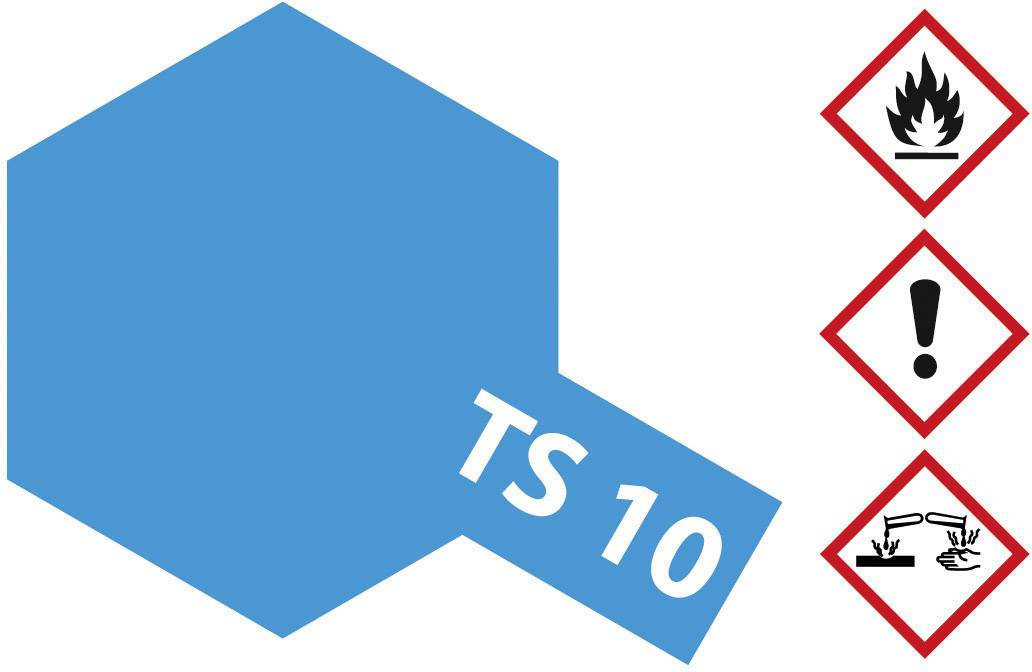 Blue hexagonal background with the text 'TS 10'. To the right, three hazard symbols: flame, exclamation mark, and corrosive substances.