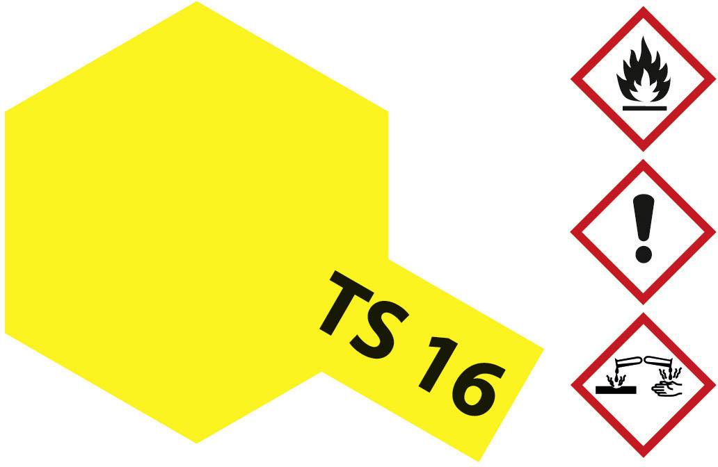 Yellow label with the inscription 'TS 16' and hazard symbols: Fire, Exclamation Mark, Corrosive Substances. Warns of chemical hazards.