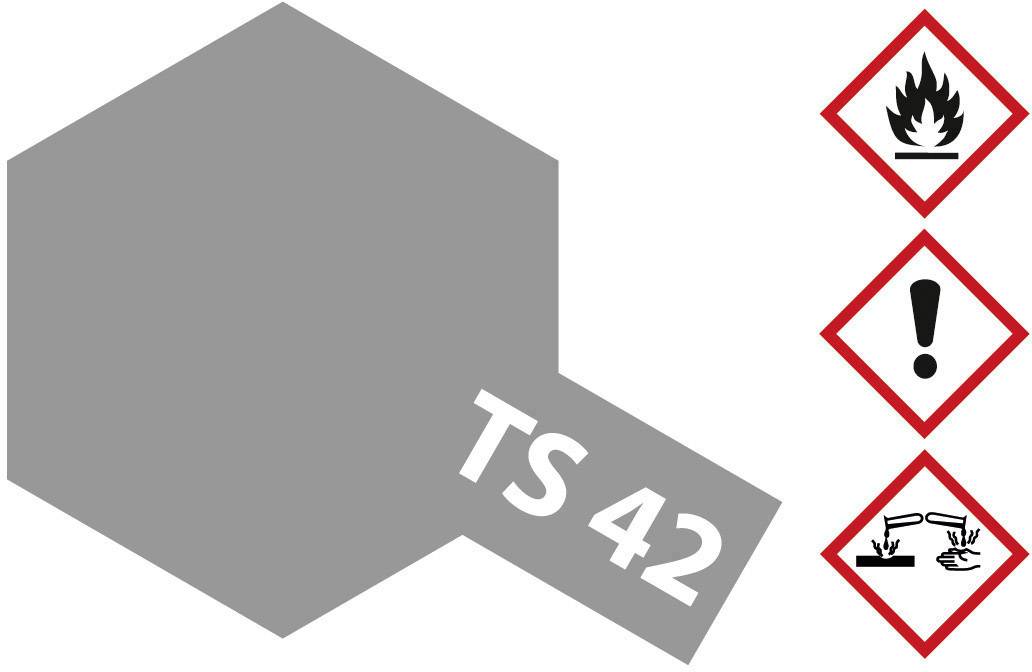 'Triangular safety signs on the right: Flame, Exclamation Mark, Corrosive. Grey hexagon on the left with 