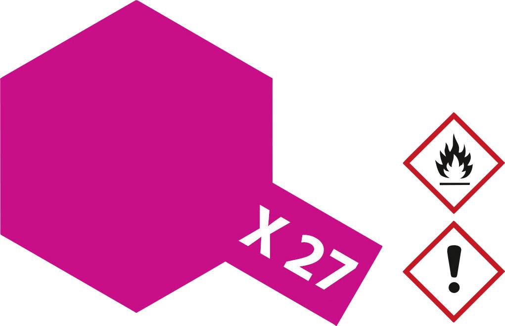 A pink hexagon with 'X 27', alongside two hazard symbols: a flame and an exclamation mark, indicating flammability and danger.