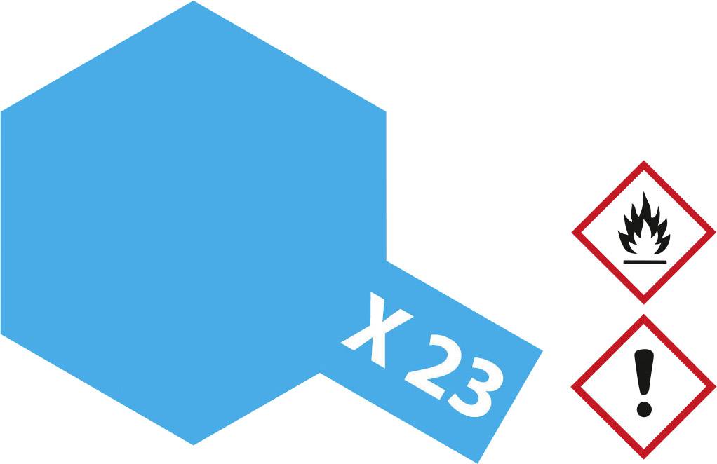 Octagonal blue symbol with 'X 23', alongside hazard symbols for flammability and caution.