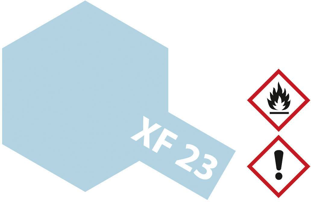 'XF 23' label on a light blue paint tin. Two hazard pictograms: flame and exclamation mark, symbolising flammable and hazardous substances.