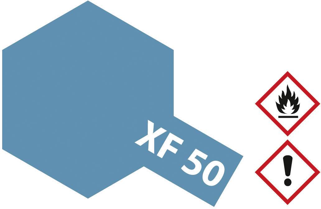Blue hexagon on the right with the label 'XF 50'. Two hazard symbols: flame symbol for flammable, exclamation mark for warning.