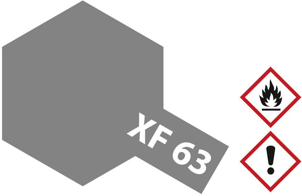 Grey colour sample marked 'XF 63'. On the right are two hazard symbols: one for flammability, the other for caution.