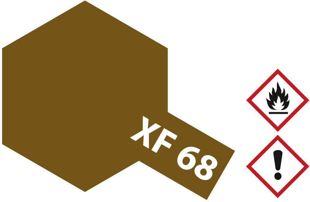 Brown hexagon with the inscription 'XF 68'. Two warning symbols on the right: flame for flammability and exclamation mark for warning.