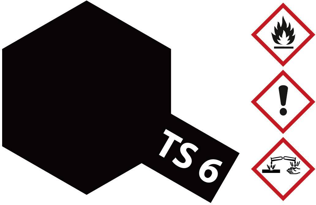 Black hexagon with inscription 'TS 6'. Next to it, three hazard symbols: Flame (flammable), Exclamation mark (warning), Corrosion hazard.