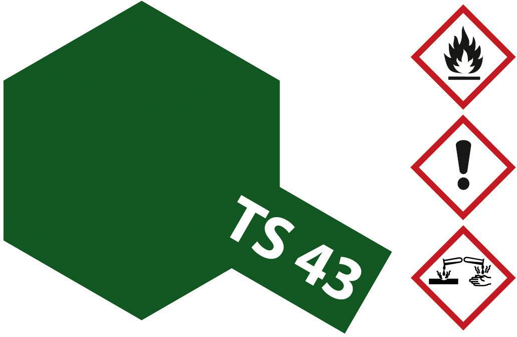 'TS 43', a dark green sign, next to three hazard symbols: flame, exclamation mark, and corrosive liquid on skin/hand.