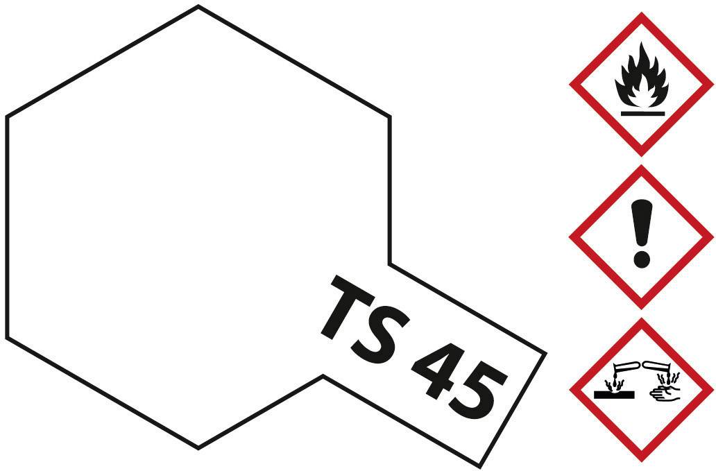 Hexagonal shape with the inscription 'TS 45', next to it three hazard symbols: flame, exclamation mark, corrosive substances.