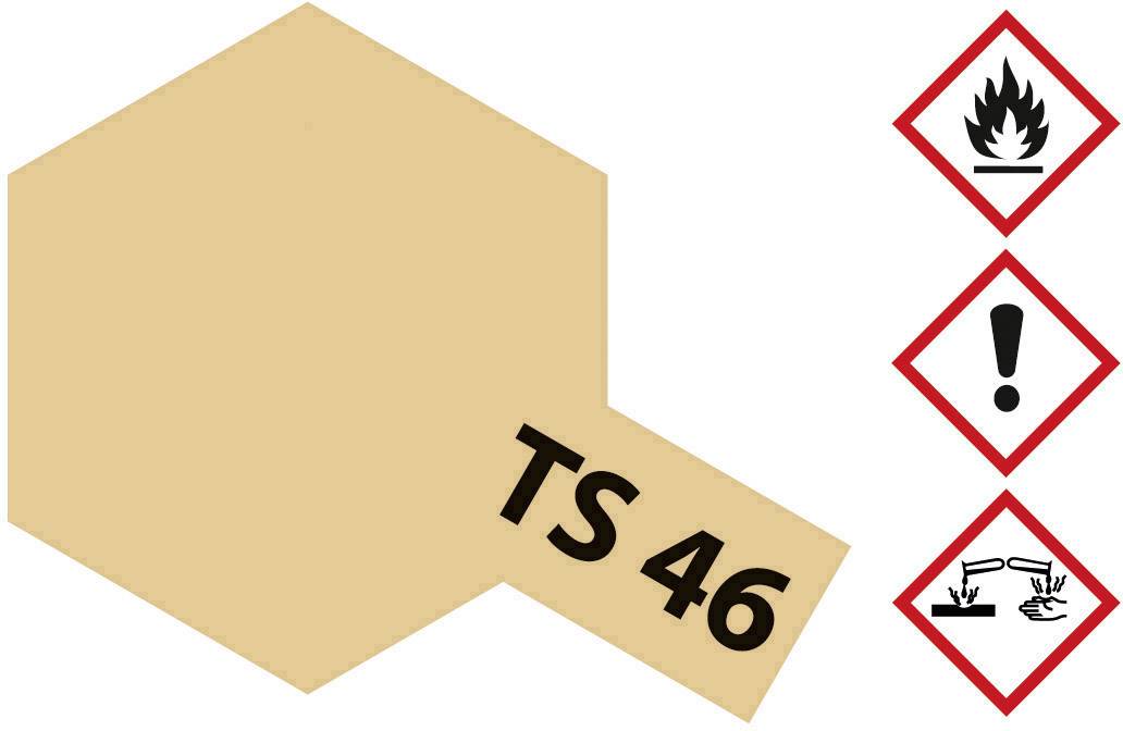 'Orange hexagon with 'TS 46'. Alongside three hazard symbols: Flame (flammable), Exclamation mark (caution), Corrosive effect (corrosive).'