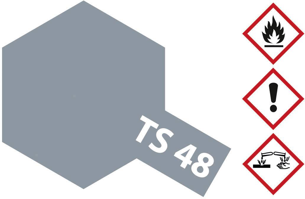 Grey hexagonal area with the inscription 'TS 48' and three hazard symbols: flame, exclamation mark, corrosive liquids.