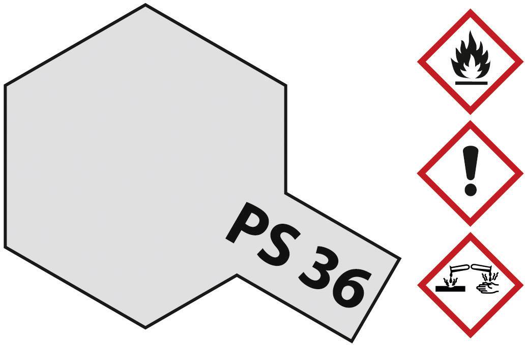 The image shows a grey hexagonal label with the inscription 'PS 36' and three hazard symbols: flame, exclamation mark, and corrosive liquid.