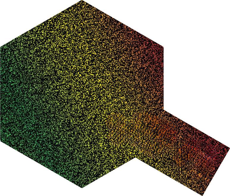 Artwork of a geometric hexagon filled with a gradient transitioning from green through yellow to red; abstract texture.