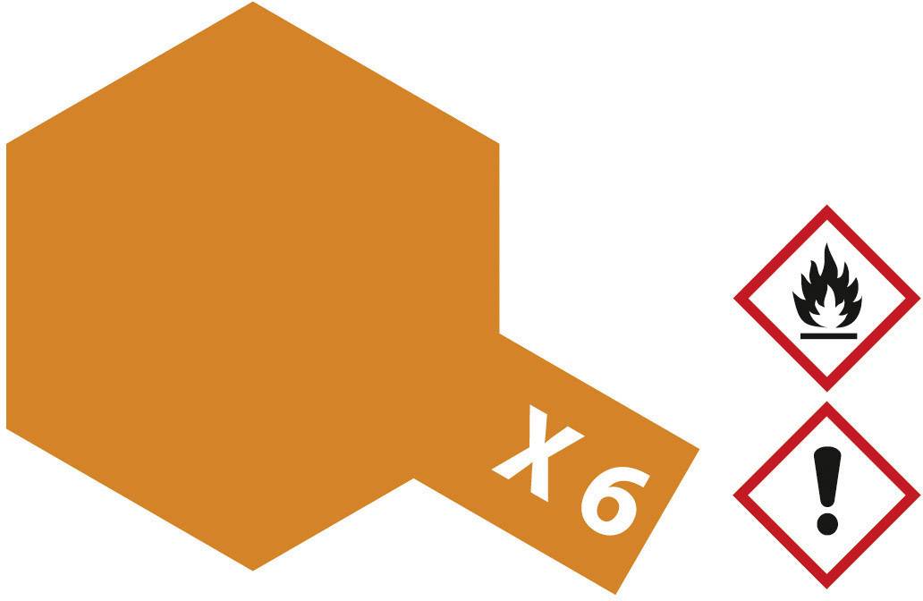 Orange chemical symbol with 'X6' and hazard symbols: Flame and exclamation mark. Indications of flammability and warning.