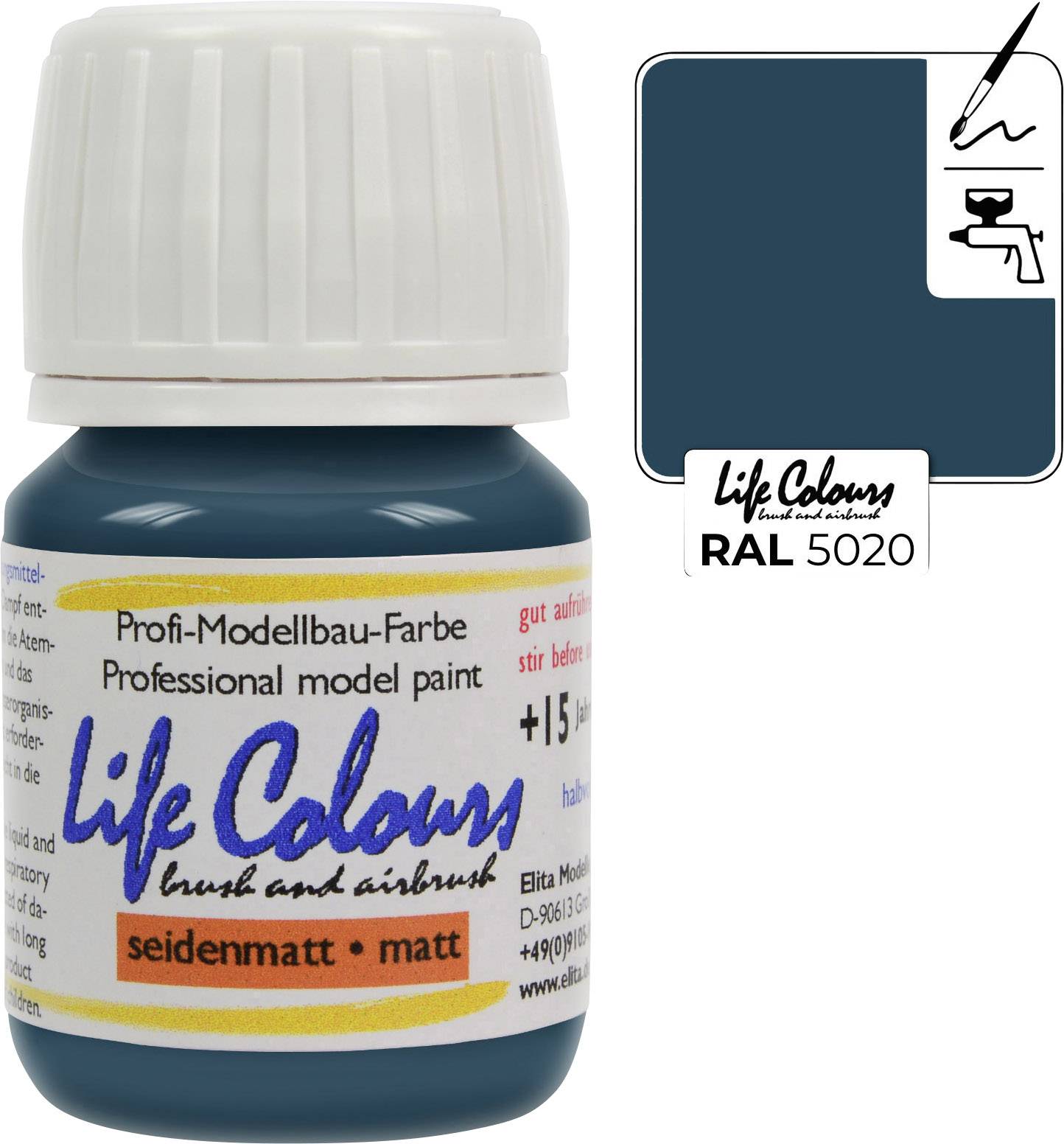 Bottle of model paint, deep petroleum blue, silk matte, suitable for brush and airbrush, colour shade RAL 5020.