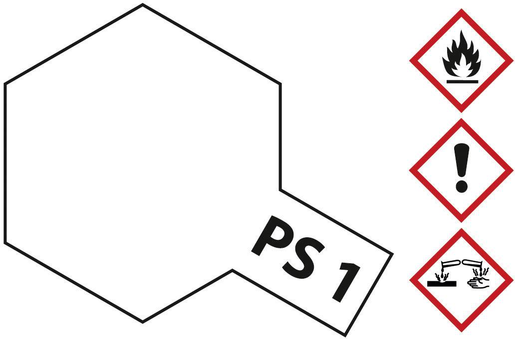 An octagonal shield with the inscription 'PS 1'. Beside it are three hazard symbols: flame, exclamation mark, and corrosive liquid.