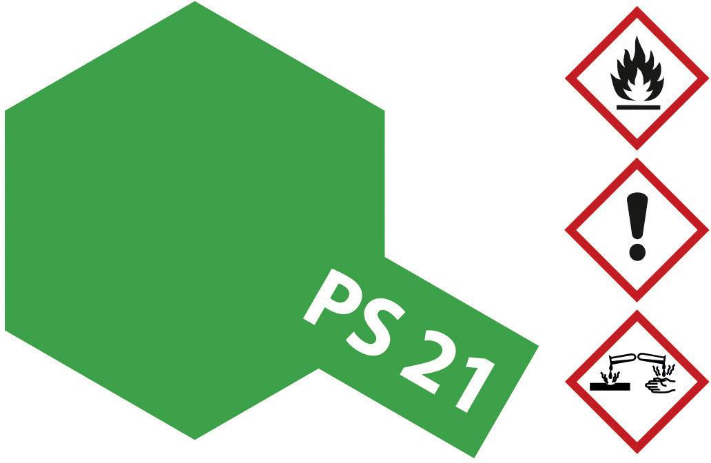 Green hexagon with 'PS 21'. Symbols on the right: Flame, exclamation mark, corrosive liquid. Safety signage.