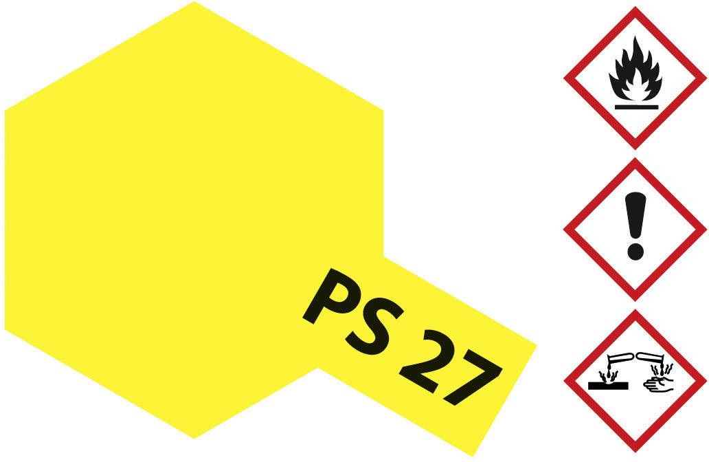 A yellow label with the inscription 'PS 27'. Three hazard symbols to the right: flame, exclamation mark, and corrosive effect.