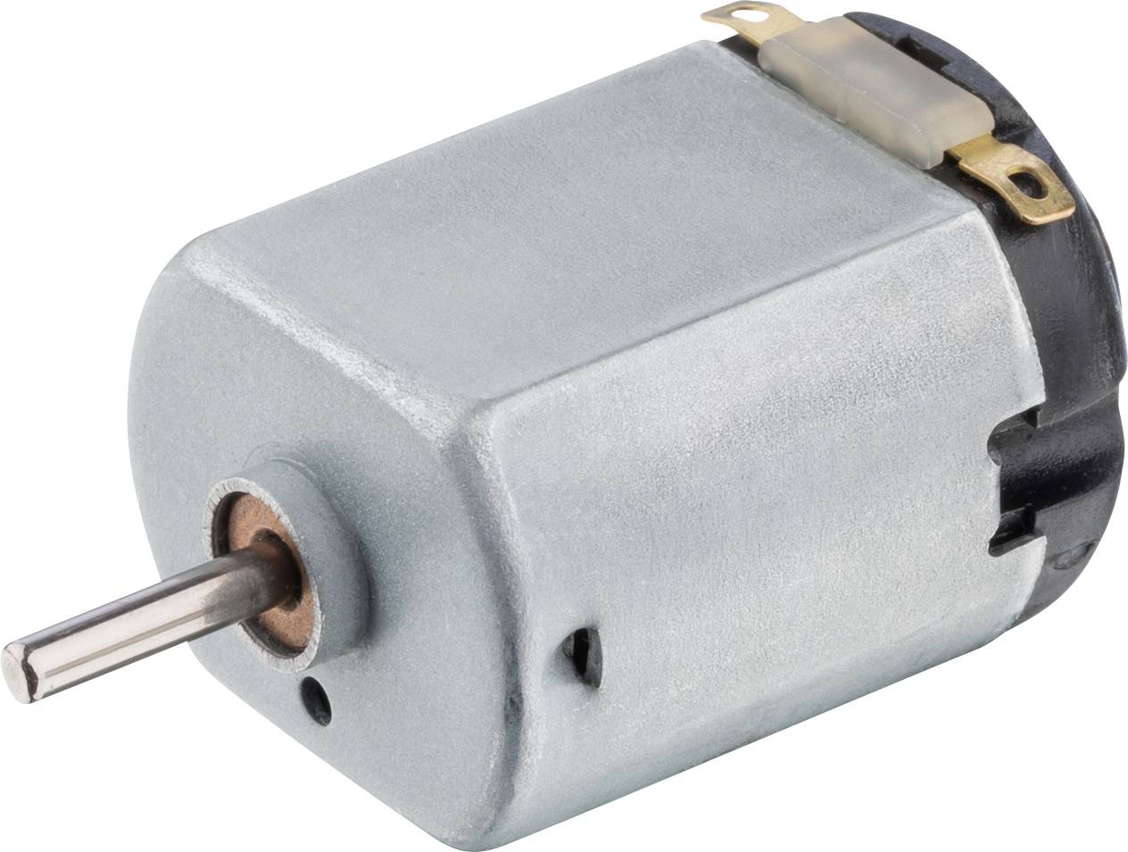 A small electric motor with a metal casing and a protruding drive shaft, suitable for toys or small devices.