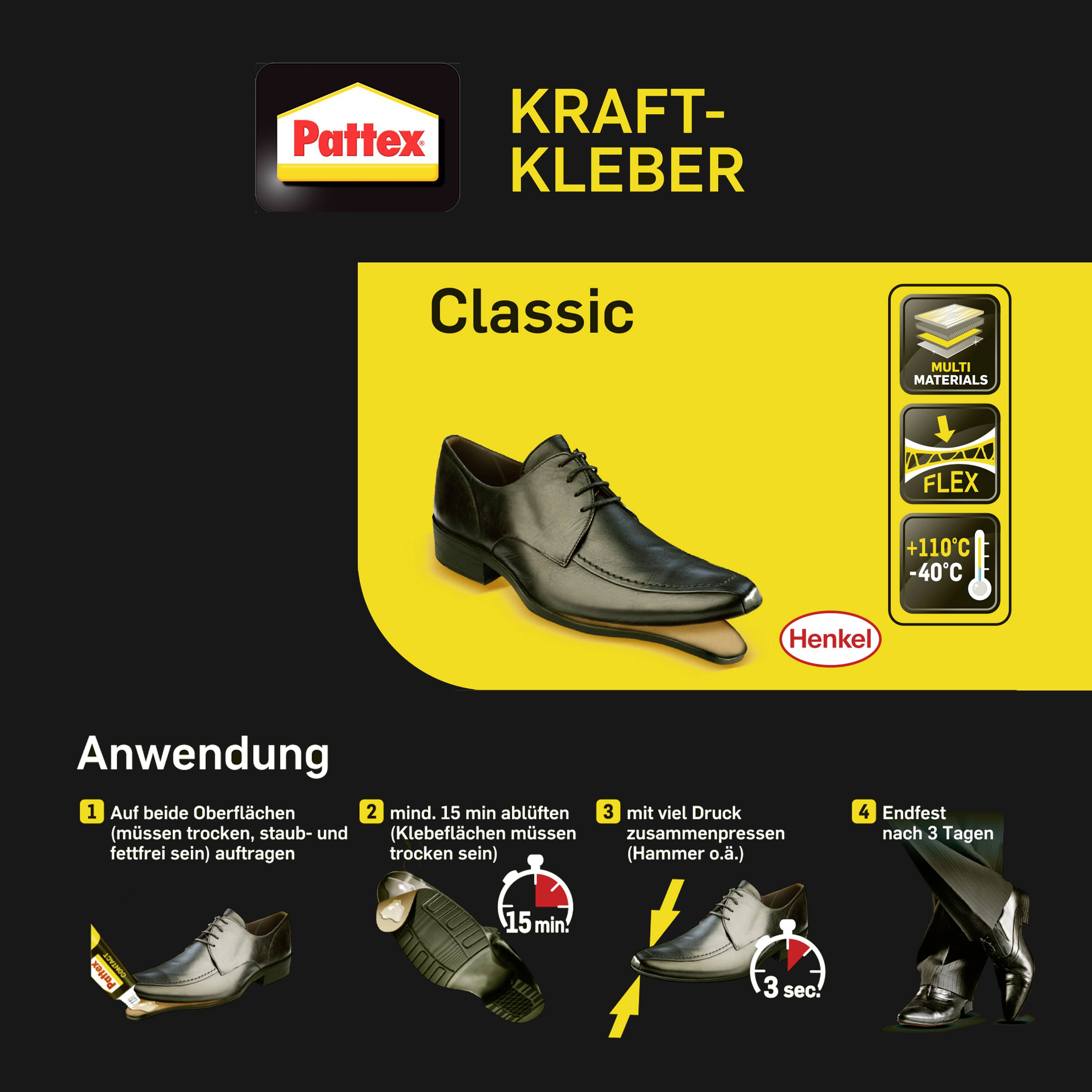 'Pattex Power Adhesive' Instructions Show Shoe Repair in Four Steps: Apply, Wait 15 Minutes, Apply Pressure, Allow to Cure for 3 Days.