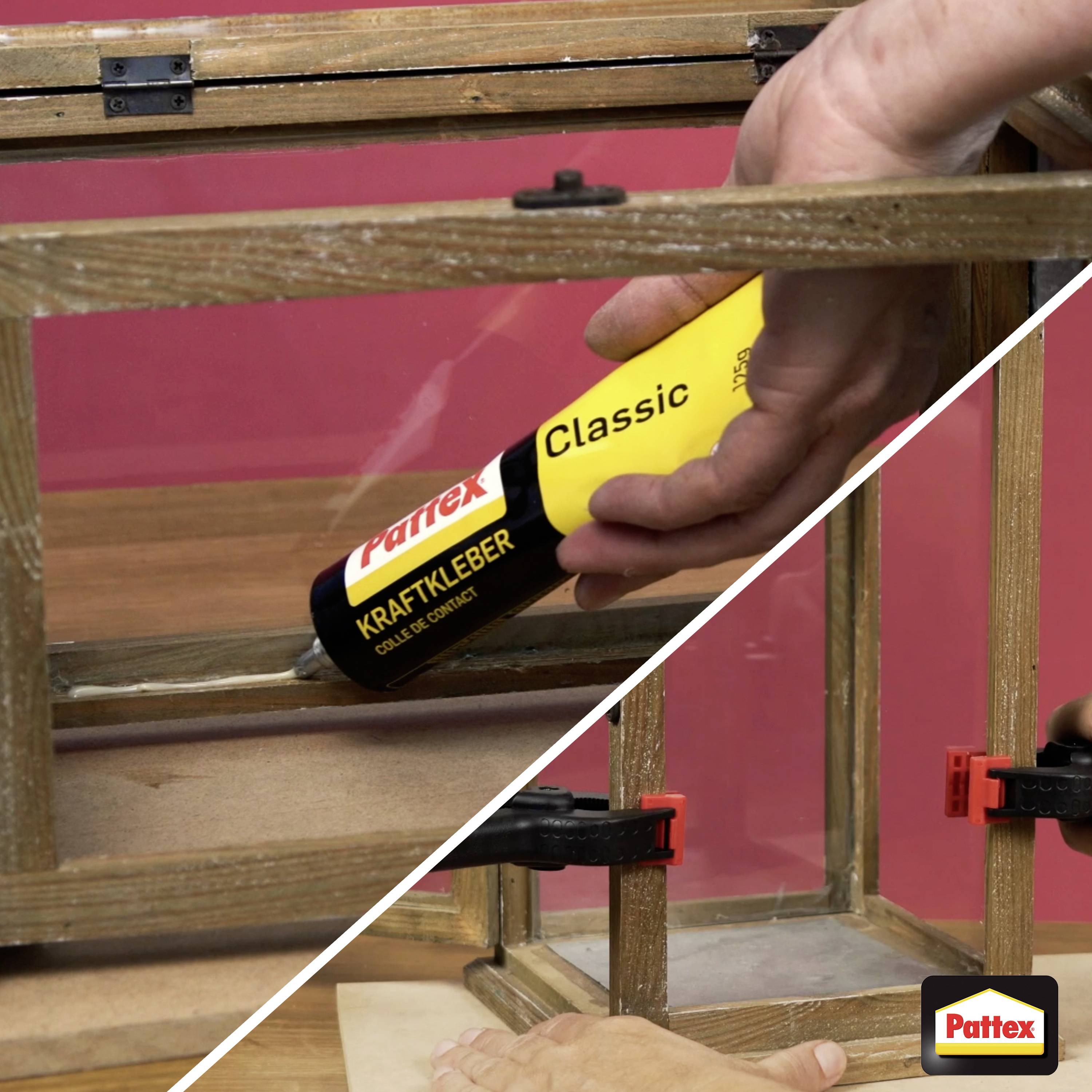 A person applies Pattex Classic glue to a wooden furniture joint, clamping it securely. Pattex logo visible at the bottom.