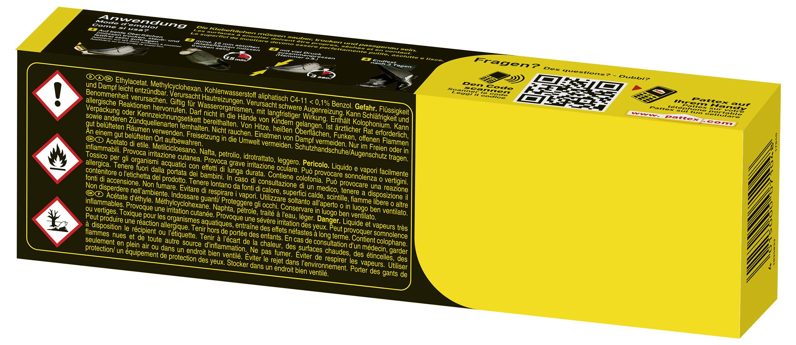 A black and yellow spray can package with safety icons indicating flammability and health hazards. Instructions and QR code are visible.
