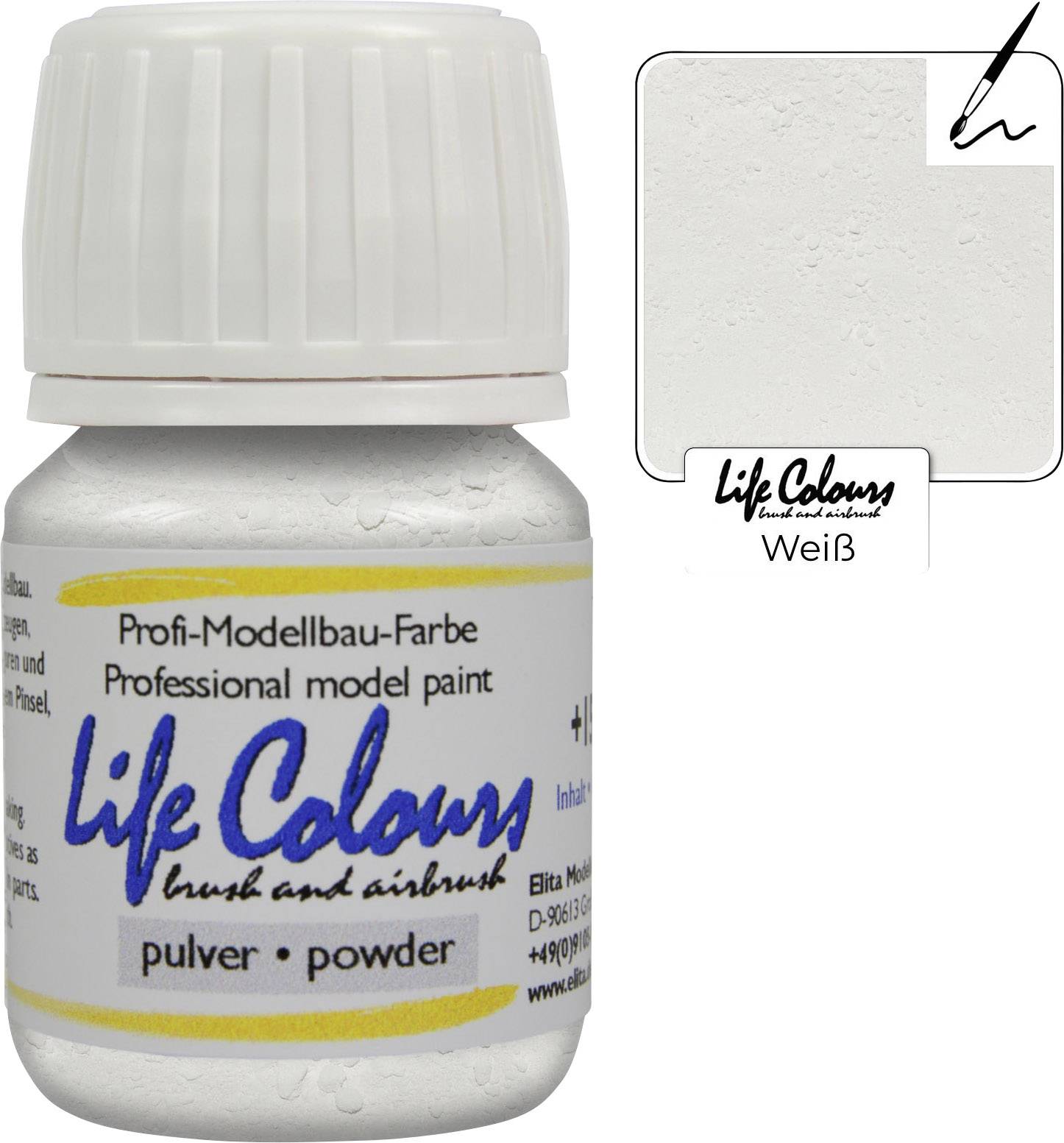 Bottle of model paint 'Life Colours' in White, next to a colour swatch.