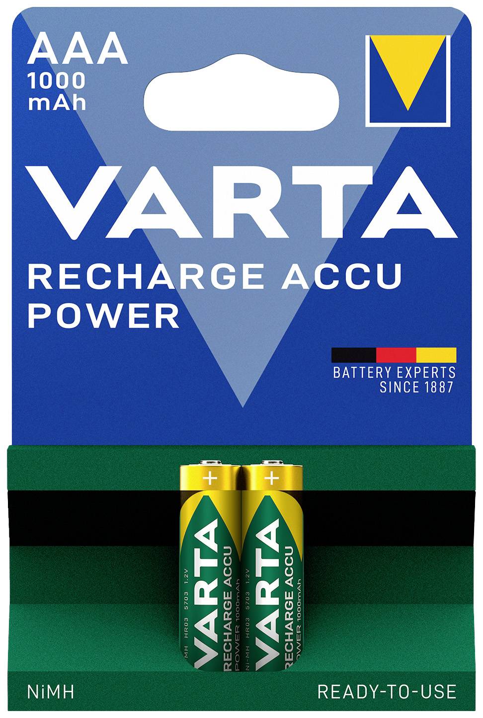 Two AAA Varta batteries on a blue packaging with the label 'Recharge Accu Power', 1000 mAh, NiMH.