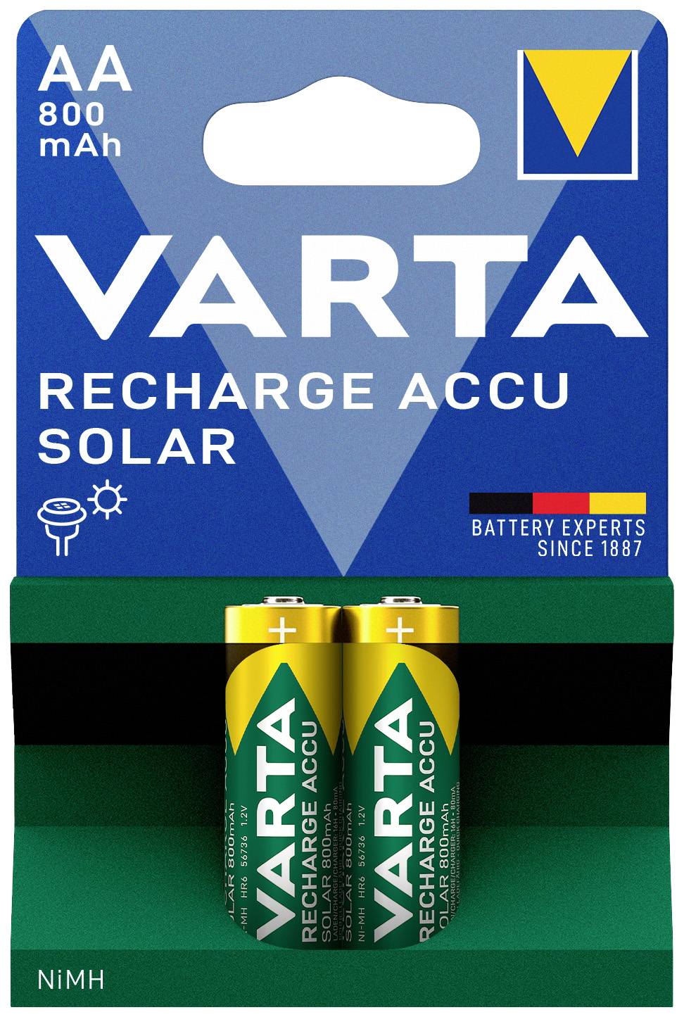 'VARTA RECHARGE ACCU SOLAR' Battery Pack with two AA NiMH Batteries, 800 mAh. Packaging in Blue with Varta Logo and Solar Symbol.