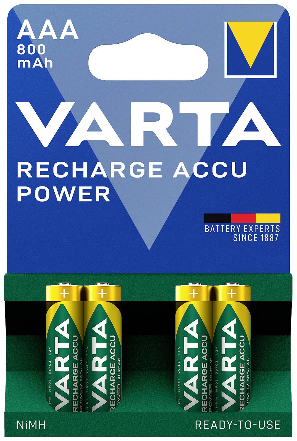 Four rechargeable AAA batteries from the VARTA brand in a package. Label reads: 'VARTA Recharge Accu Power, 800 mAh'.