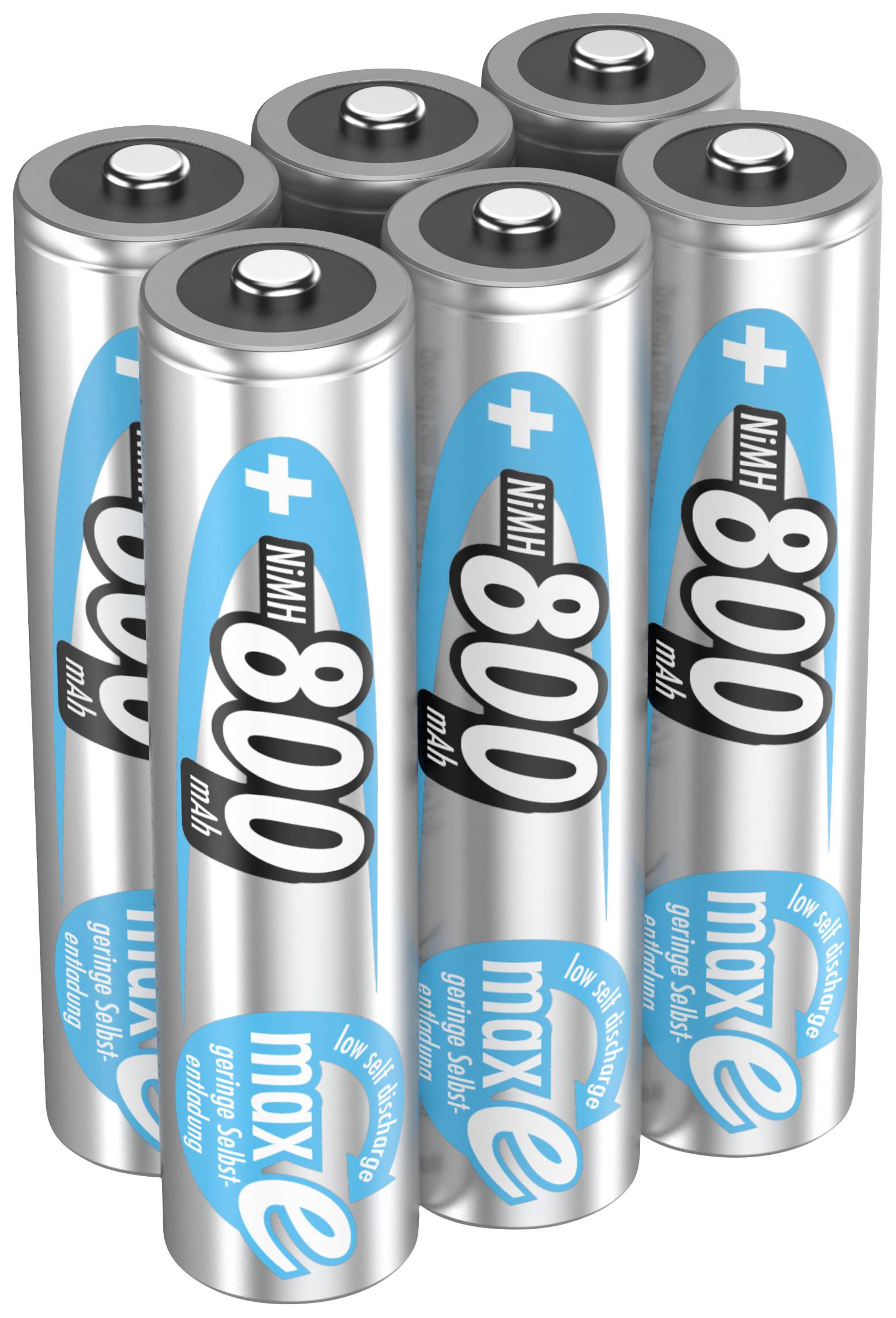 Six AA batteries in a silver casing with blue accents, marked with '800 mAh' and 'maxe'.