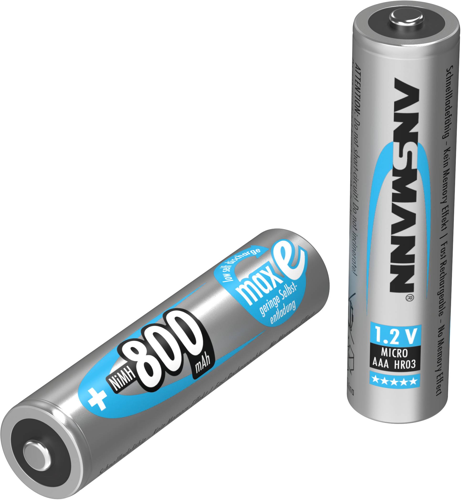 Two silver AAA batteries: one lying down, the other standing upright. Labelled with '800 mAh' and '1.2V'. Brand name in blue and black.