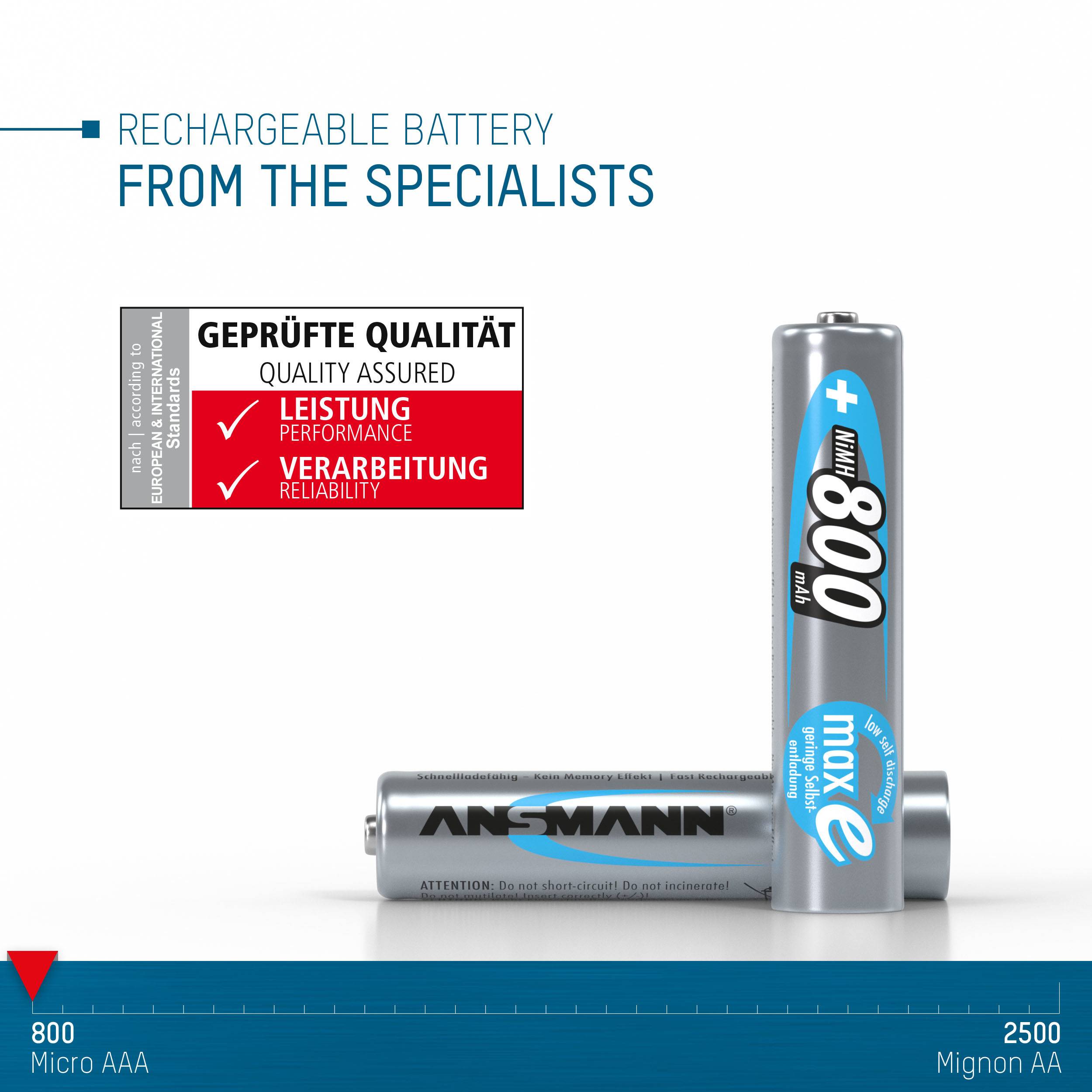 A rechargeable battery with 'maxE 800 mAh' and 'Ansmann' labelling. Text: 'Rechargeable battery from the specialists'.