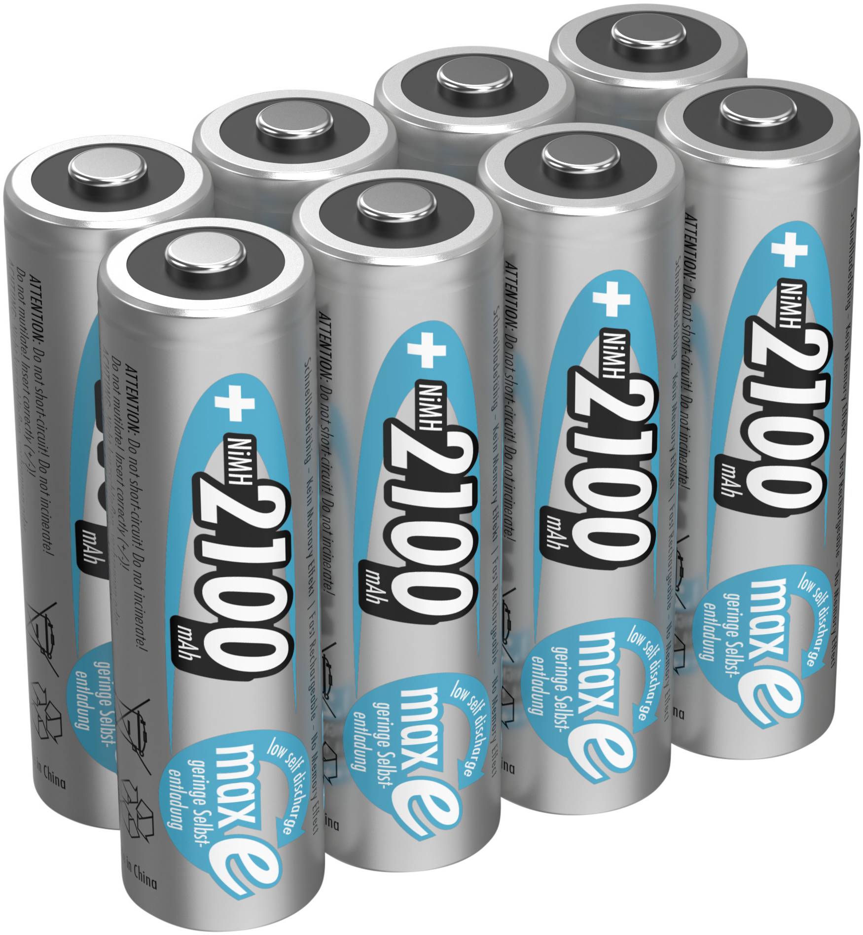 Eight silver AA batteries with blue and black printed markings, arranged standing in two rows. Capacity: 2100 mAh, rechargeable.