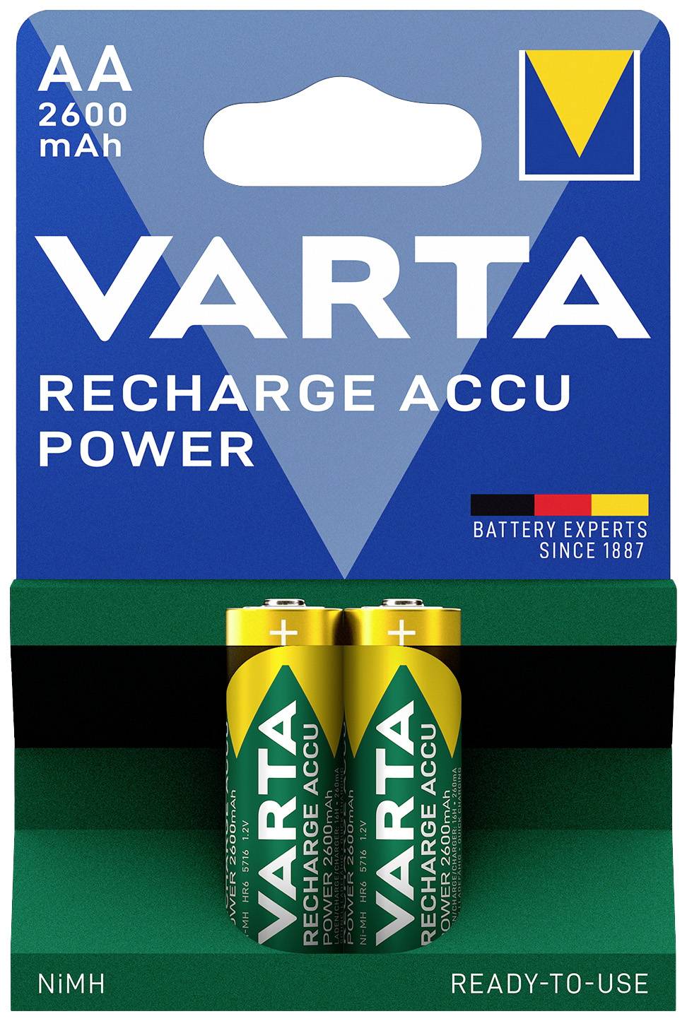 'VARTA Recharge Accu Power' AA Battery Pack with two rechargeable batteries, 2600 mAh, NiMH, ready for immediate use.