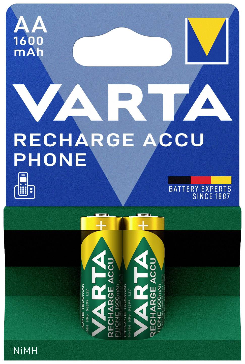 Two Varta AA rechargeable batteries in packaging labelled 'Recharge Accu Phone', suitable for rechargeable applications.