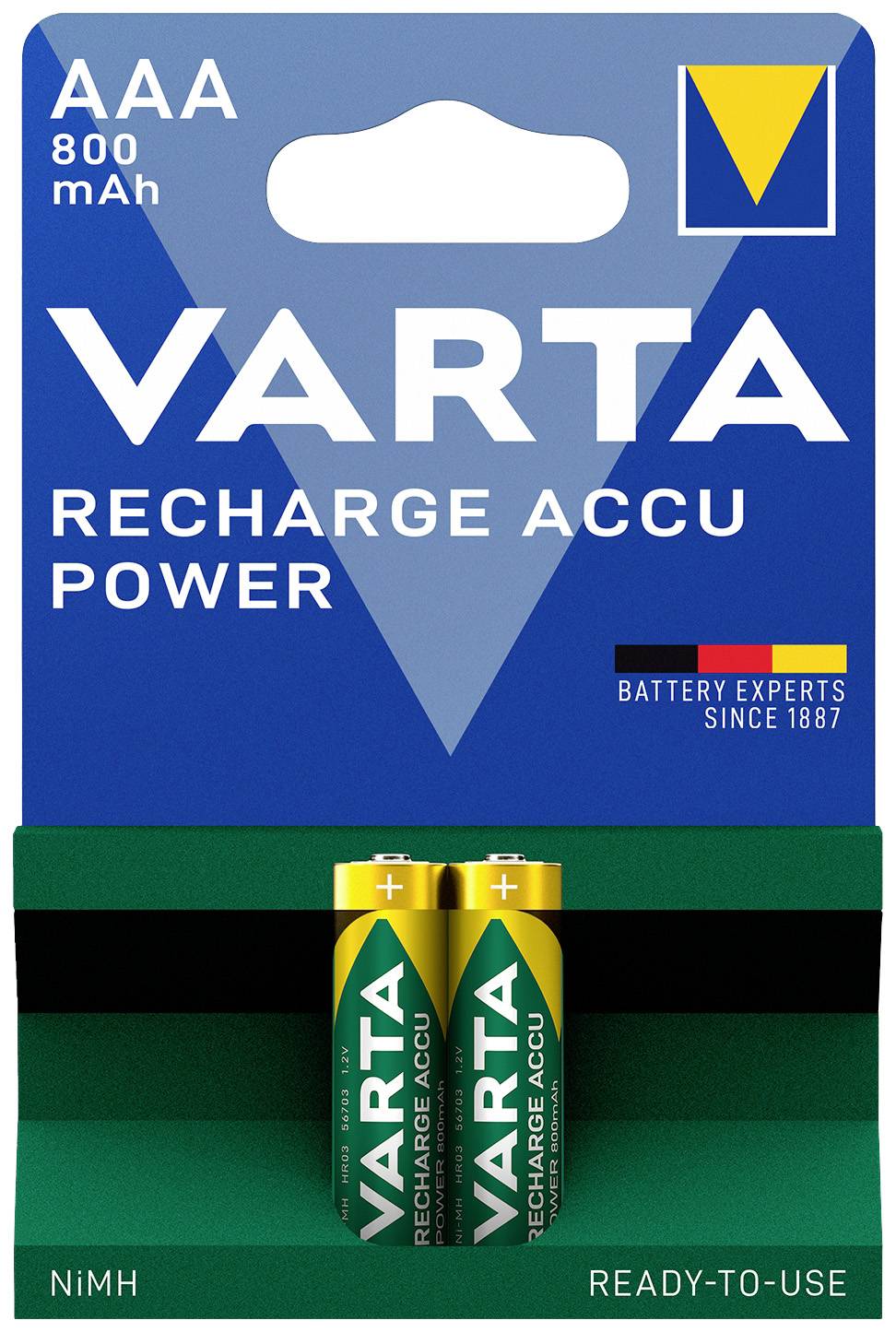 Two AAA batteries by Varta in packaging labelled 'RECHARGE ACCU POWER', 800 mAh.