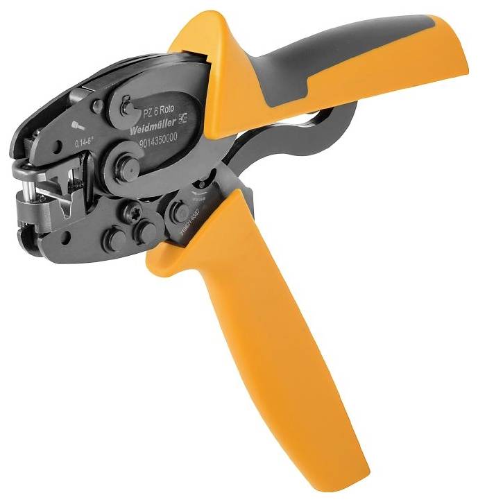 An orange and black crimping tool for electrical connections, with a robust construction and ergonomic handle for handling.