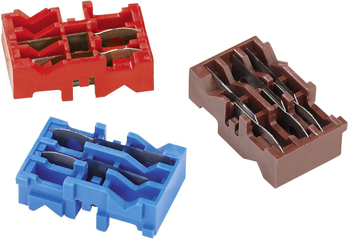 Three coloured plastic plugs in red, blue and brown on a white background, showing different pin configurations.