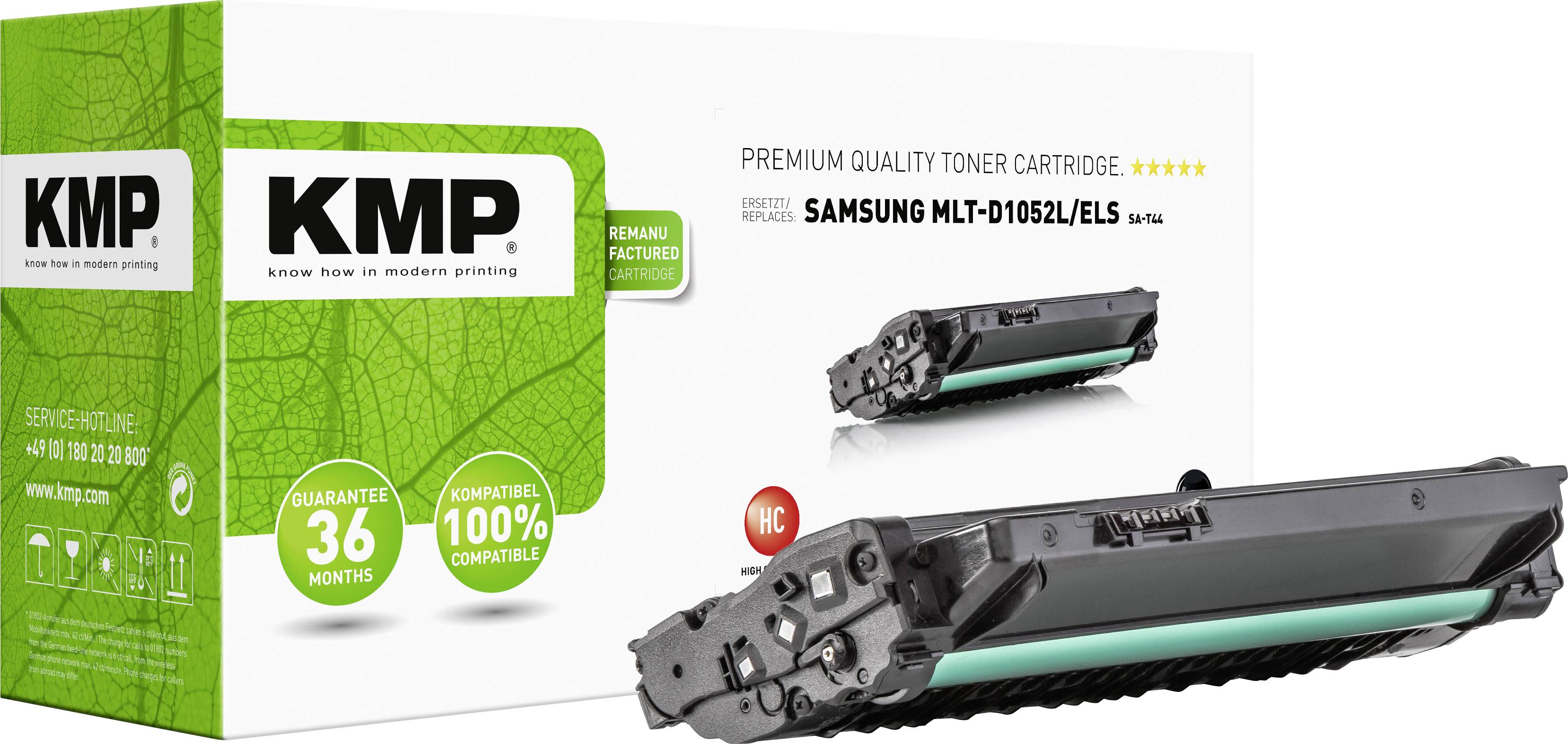 'KMP' packaging with a toner for 'Samsung MLT-D1052L/ELS', 36 months warranty, 100% compatible, recycled materials, green design.