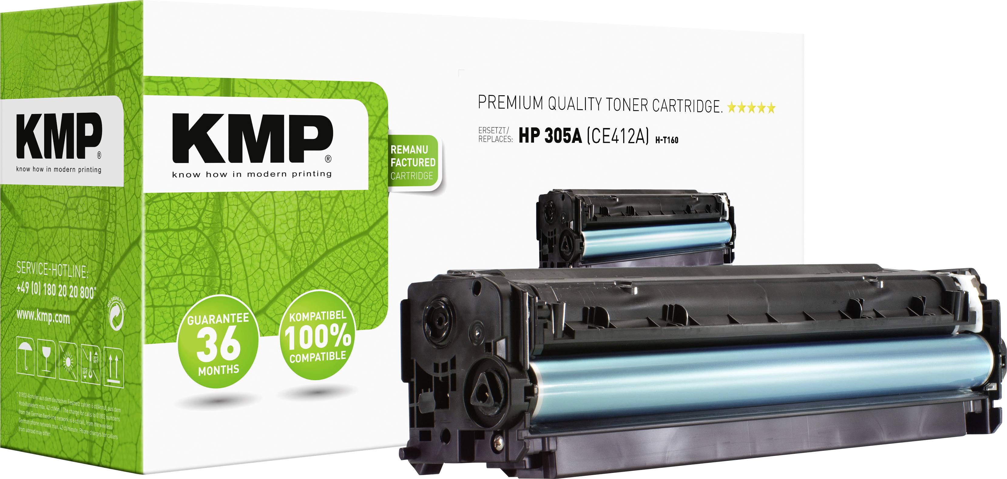 A toner cartridge by KMP with the inscription 'HP 305A (CE412A)'. Packaging shows warranty seal '36 months' and '100% compatible'.
