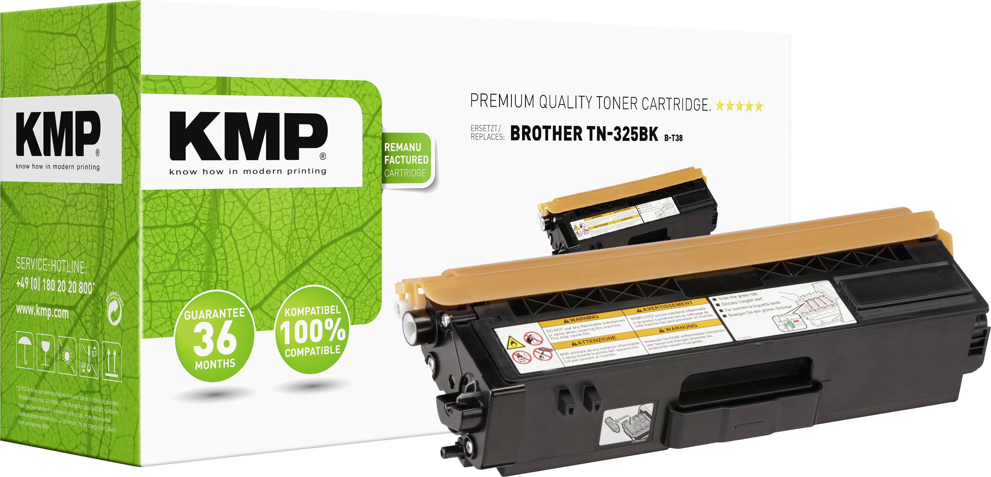 Toner cartridge and packaging by KMP for Brother TN-325BK. Guaranteed for 36 months, 100% compatible.