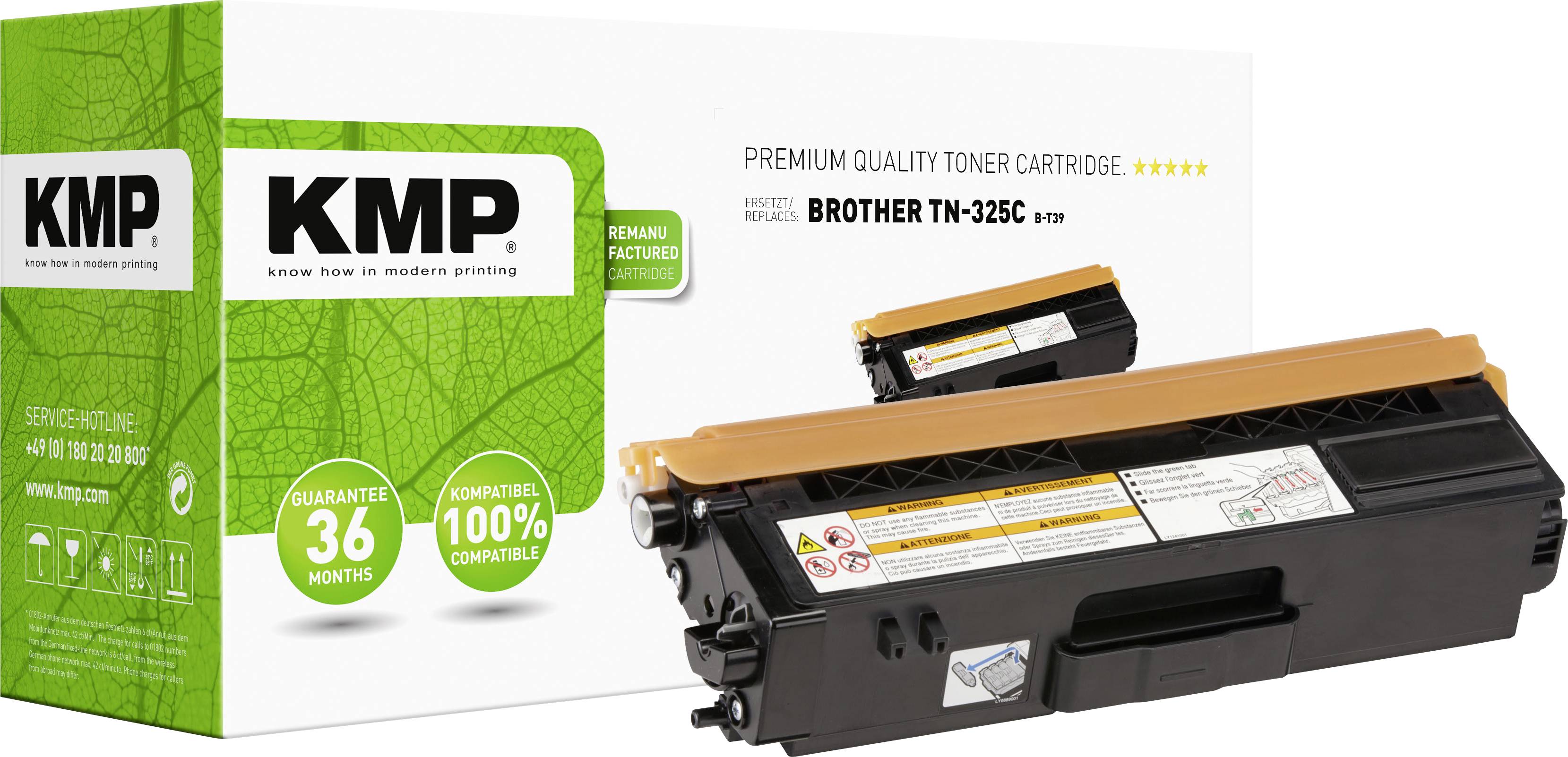 A black toner cartridge by KMP, model 'Brother TN-325C', stands in front of a white packaging with green leaf elements.