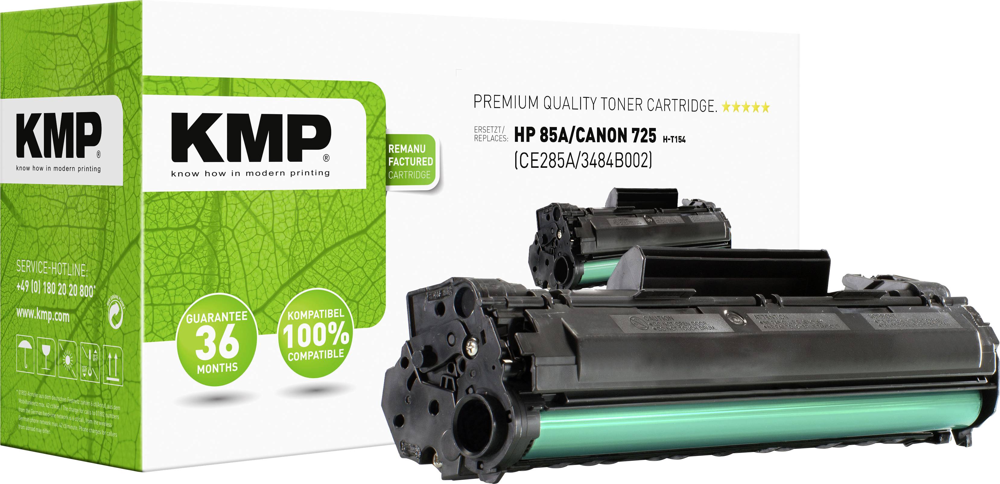 KMP toner cartridge for HP 85A/Canon 725, 36-month guarantee, box with green designs, visible cartridge showing detailed view.