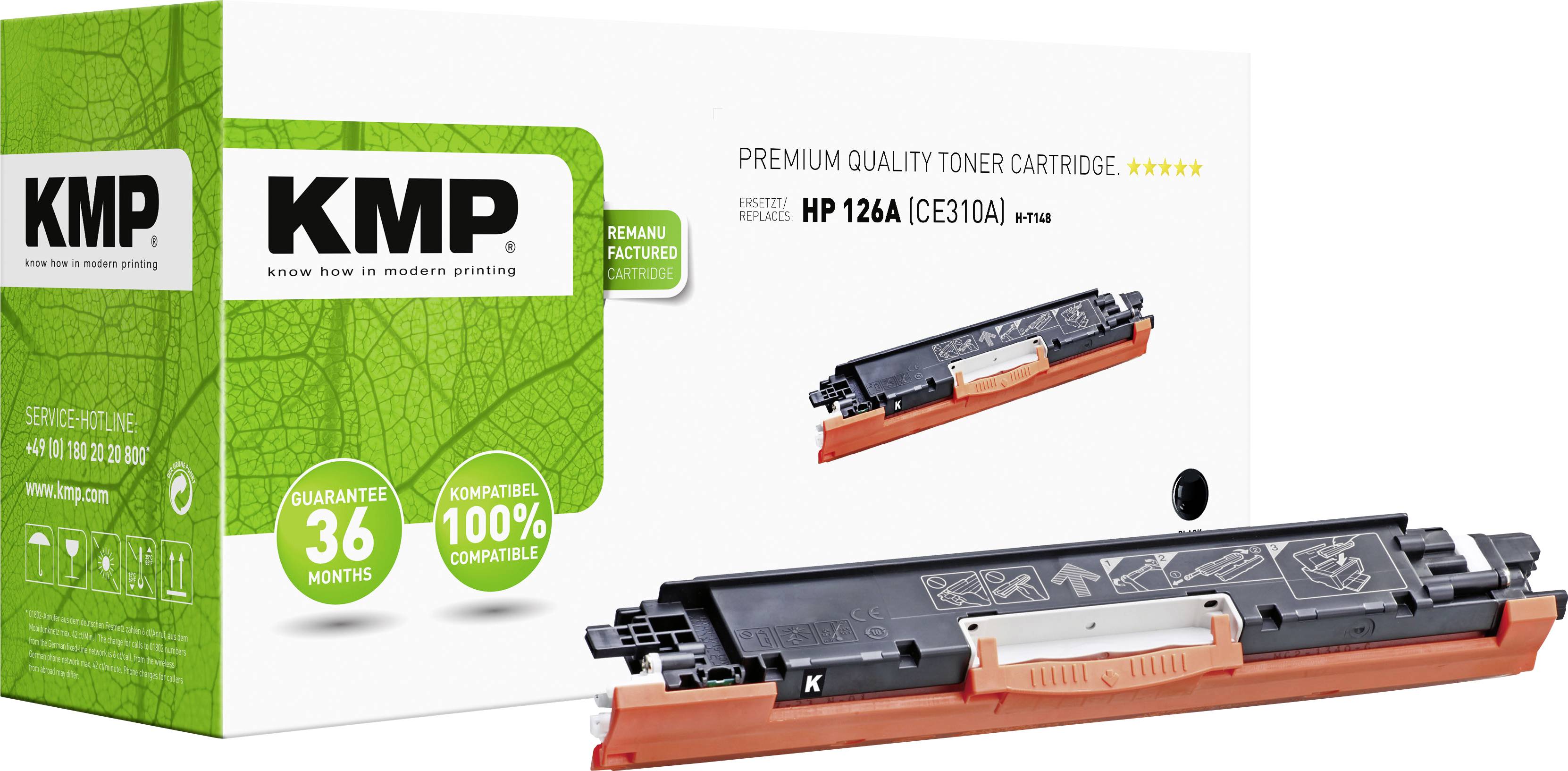 'Toner Cartridge' KMP for HP 126A (CE310A), compatible, premium quality, packaging shows product image, 36-month warranty.