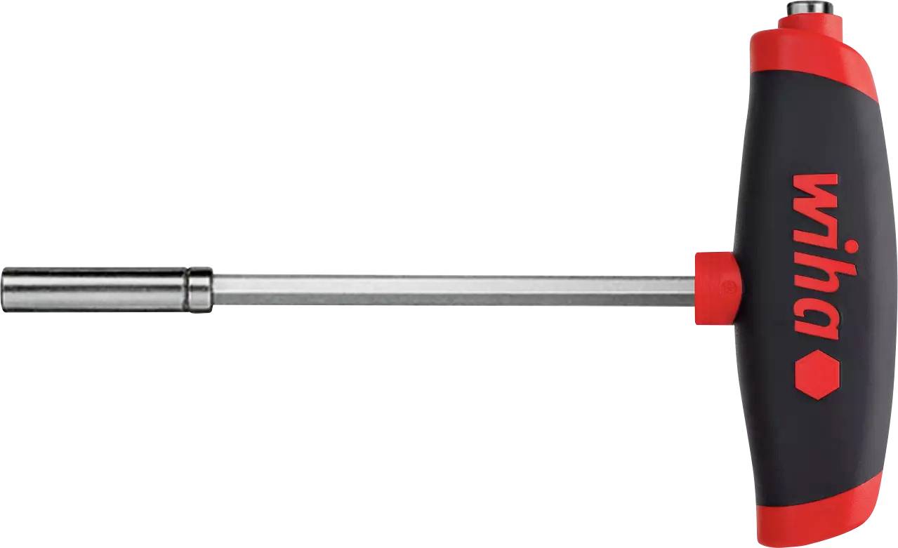 A T-handle screwdriver with a black and red grip and the brand 'Wiha' in white text. The tool has a long steel shaft for flexibility in tasks.