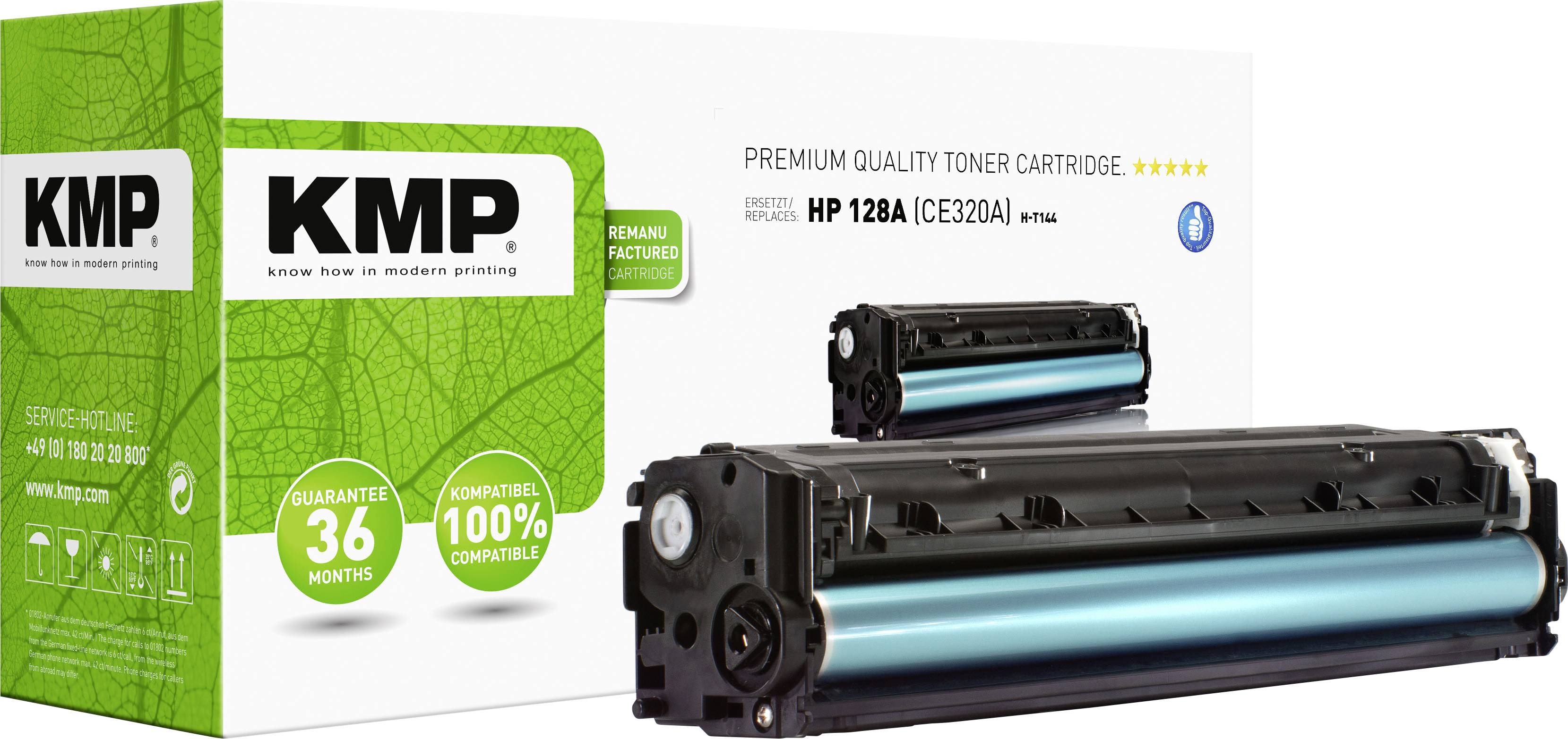 Toner cartridge KMP for HP 128A, shown on a white background with packaging visible. Text reads 'KMP', '36 month guarantee', '100% compatible'.