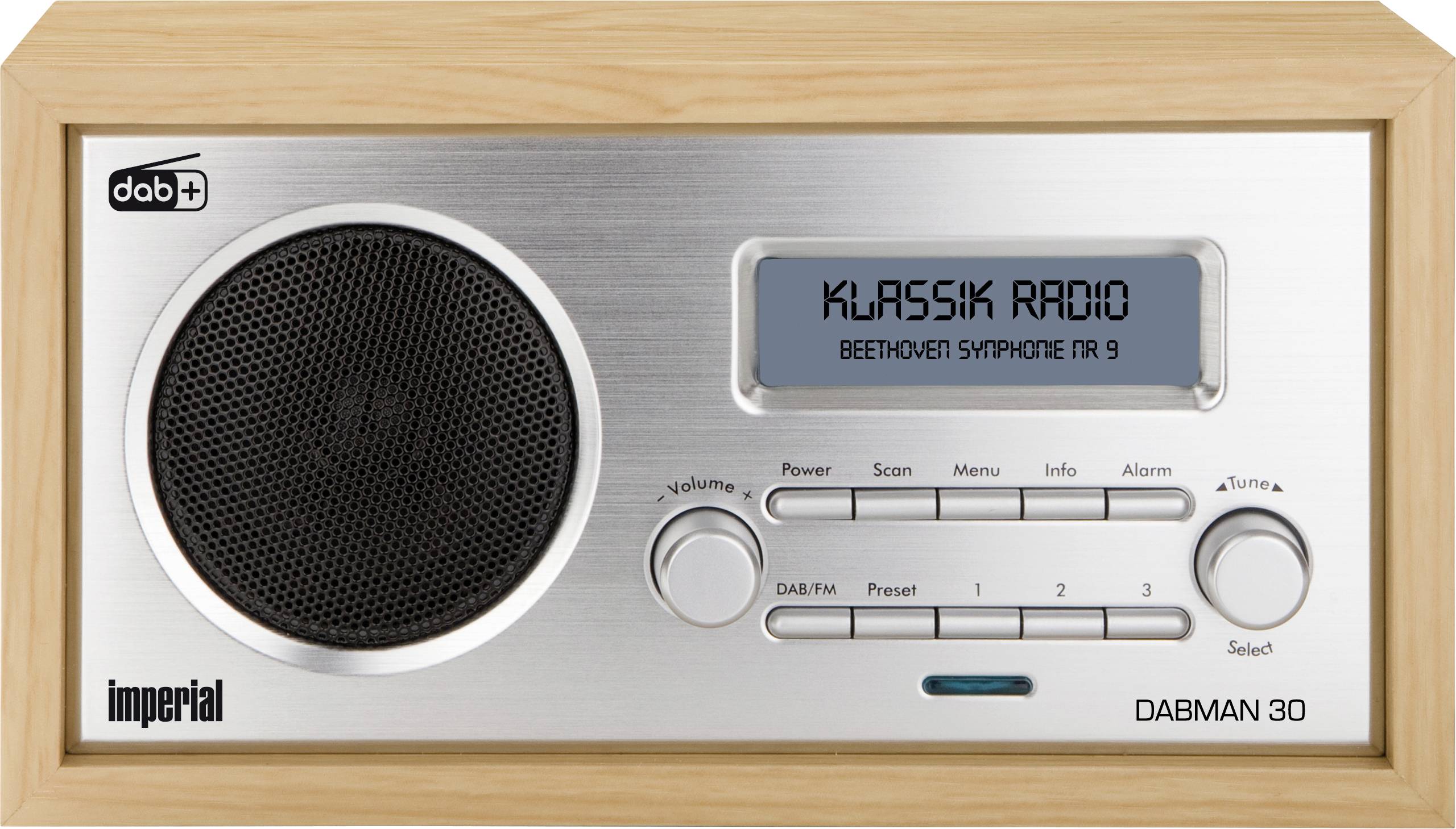 A DAB+ radio with a wooden frame displays 'CLASSIC RADIO BEETHOVEN SYMPHONY NO. 9' on the screen. Control buttons for station selection and volume.