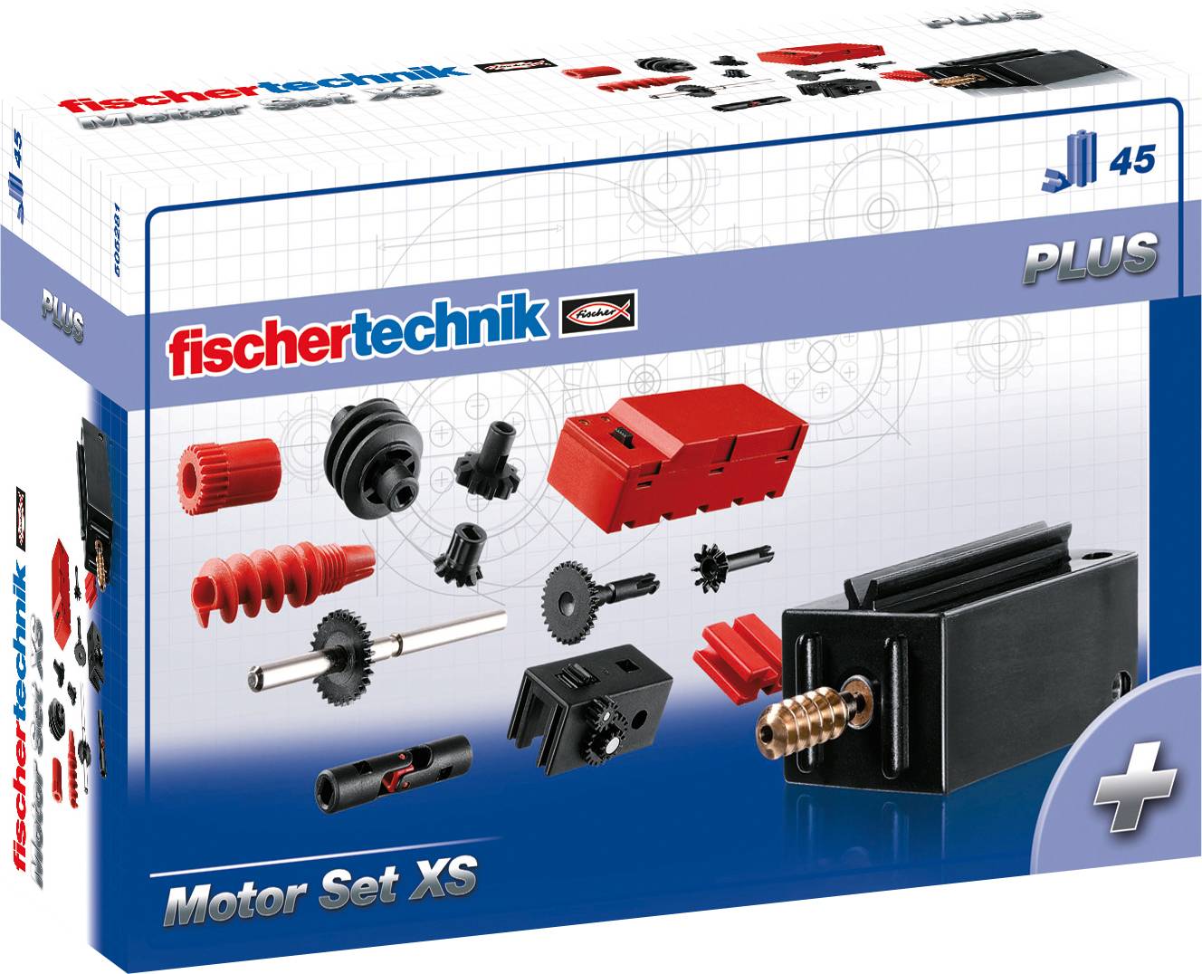 Fischertechnik 'Motor Set XS' packaging with an illustration of components such as gears, motor block and other mechanical parts.